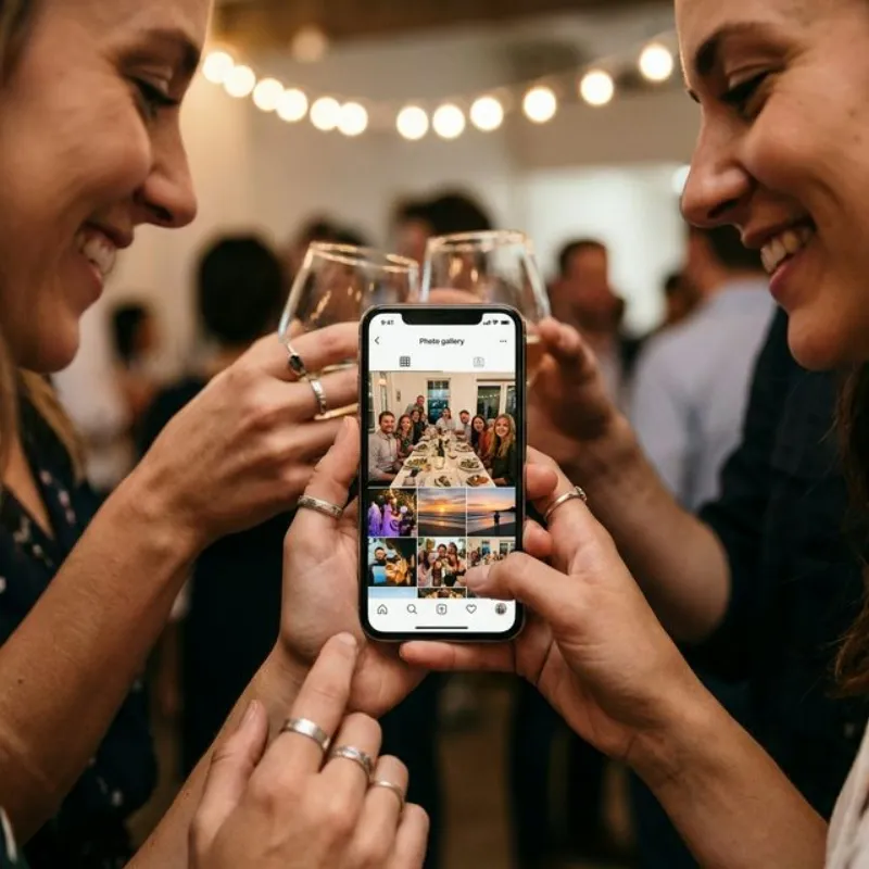 Zwei Personen betrachten gemeinsam eine Foto-Galerie auf dem Handy bei einer Abendveranstaltung