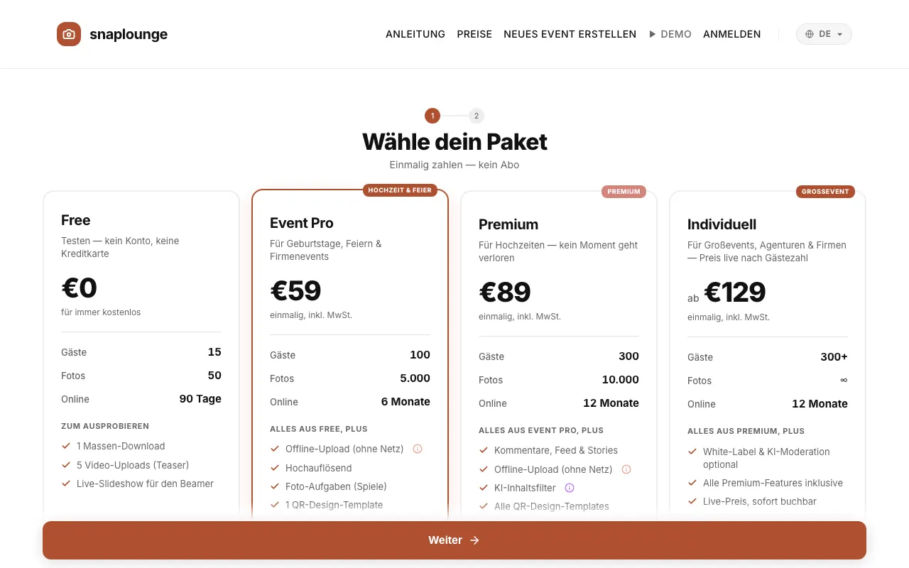 Bild aus der App: Alle Pakete und Preise siehst du auf der Preisseite und beim Anlegen eines Events.