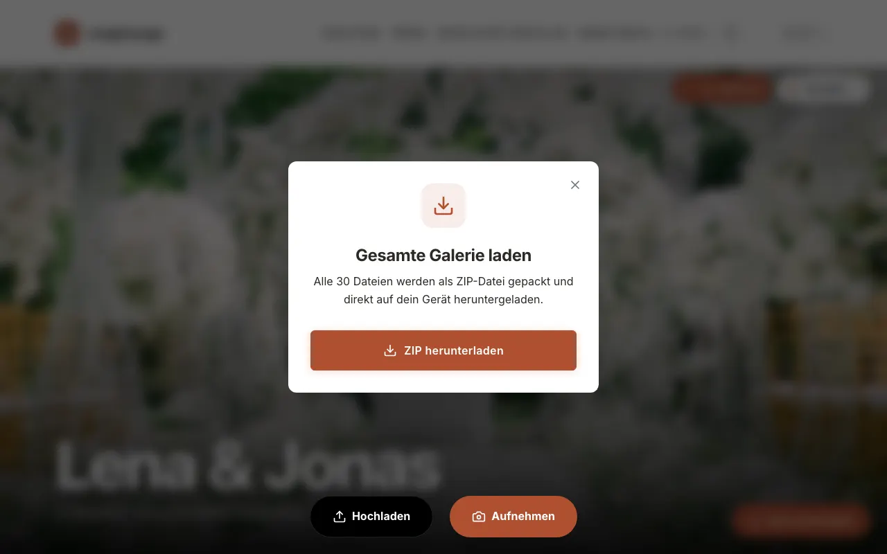 Bild aus der App: Im Fenster „Gesamte Galerie laden“ tippst du auf „ZIP herunterladen“. Die Datei landet in deinem Download-Ordner.