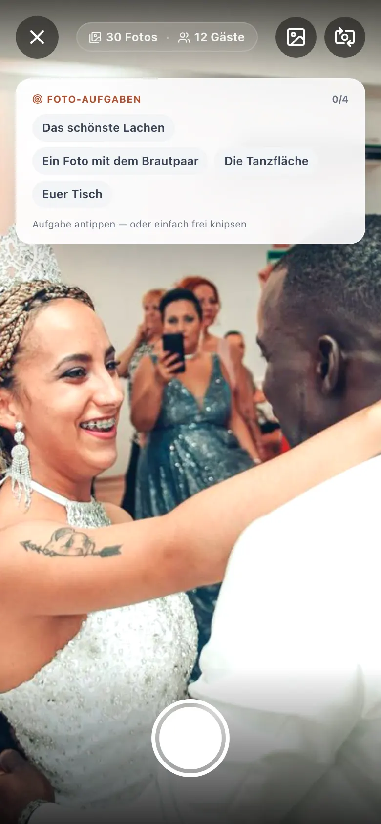 Bild aus der App: In der Kamera machst du Fotos oder Videos (bis 20 Sekunden). Gibt es Foto-Aufgaben, tippst du einfach eine an.
