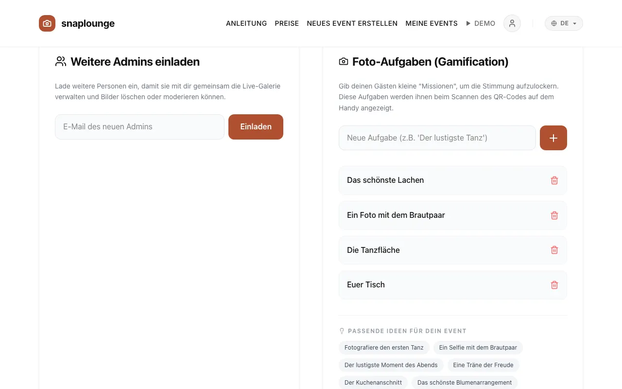 Bild aus der App: Öffne die Event-Verwaltung und scrolle zu „Weitere Admins einladen“.