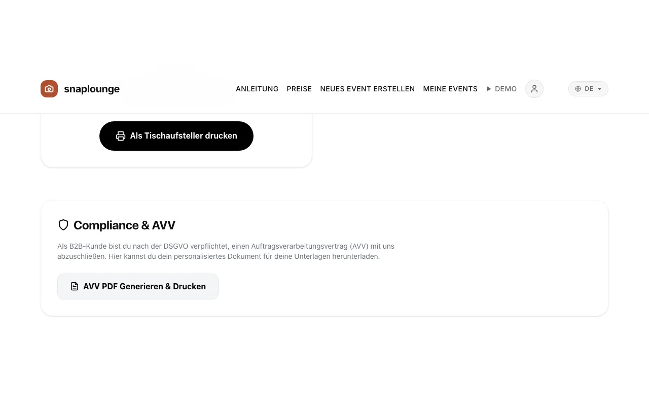 Bild aus der App: Für den AVV öffnest du die Event-Verwaltung und scrollst zu „Compliance & AVV“.