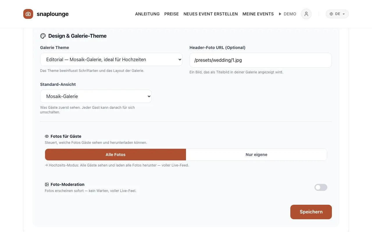 Bild aus der App: Öffne die Event-Verwaltung (Dashboard → „…“ → „Einstellungen“) und scrolle zu „Design & Galerie-Theme“.