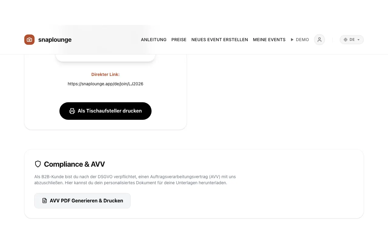 Bild aus der App: Für einen fertigen Tischaufsteller: Event-Verwaltung öffnen, nach unten scrollen und „Als Tischaufsteller drucken“ antippen. Gedruckt werden Eventname, QR-Code und ein kurzer Satz für deine Gäste.