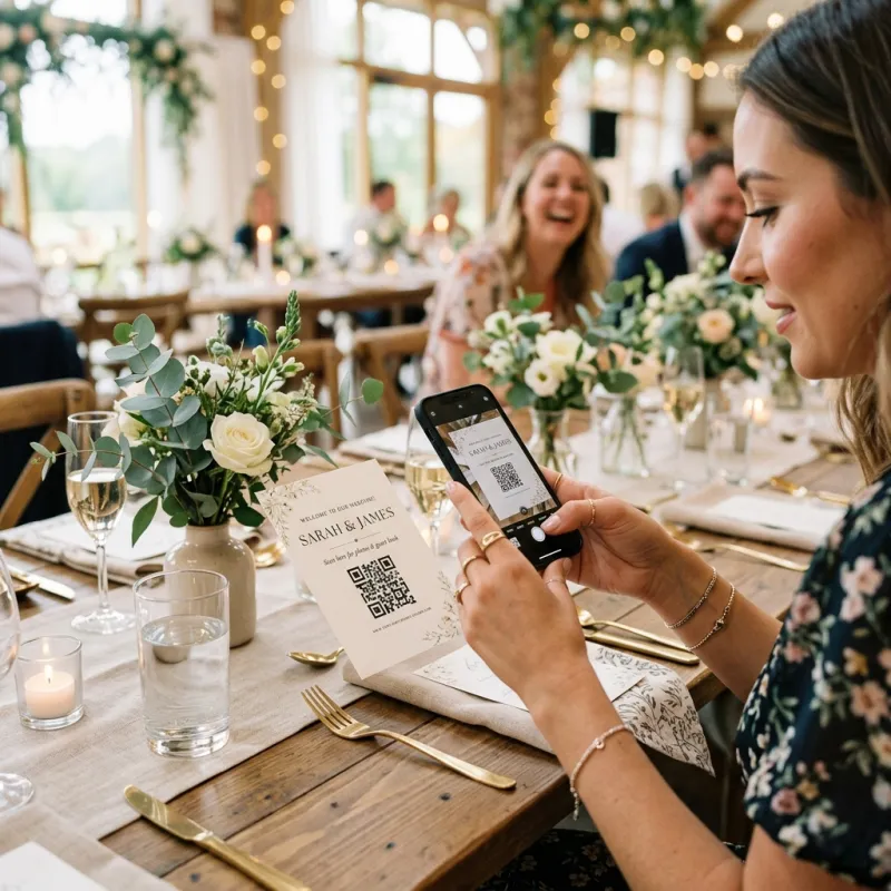 QR-Code-Aufsteller auf einem Tisch — Gäste scannen statt Fotobox